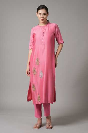 Buy_Joy Mitra_Pink Chanderi Embroidered Sequin Scallop Round Floral Butti Kurta With Pant _Online_at_Aza_Fashions