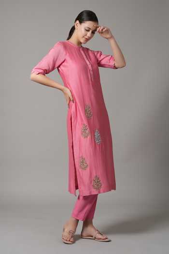 Shop_Joy Mitra_Pink Chanderi Embroidered Sequin Scallop Round Floral Butti Kurta With Pant _Online_at_Aza_Fashions