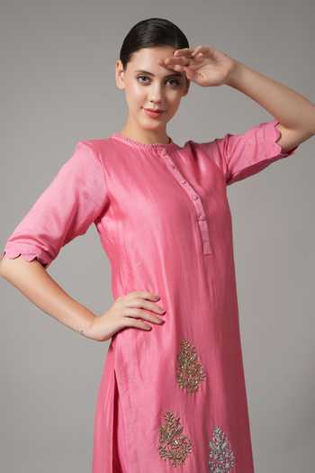 Joy Mitra_Pink Chanderi Embroidered Sequin Scallop Round Floral Butti Kurta With Pant _at_Aza_Fashions
