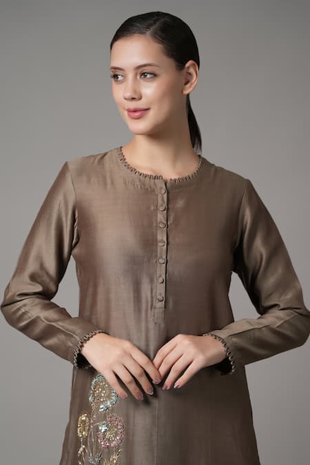 Shop_Joy Mitra_Brown Chanderi Embroidered Sequin Round Floral Blossom Kurta With Pant _Online_at_Aza_Fashions