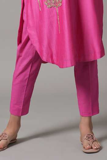 Joy Mitra_Pink Chanderi Embroidered Sequin Round Flower Kurta With Pant _Online_at_Aza_Fashions