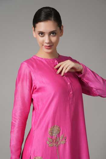 Shop_Joy Mitra_Pink Chanderi Embroidered Sequin Round Flower Kurta With Pant _Online_at_Aza_Fashions