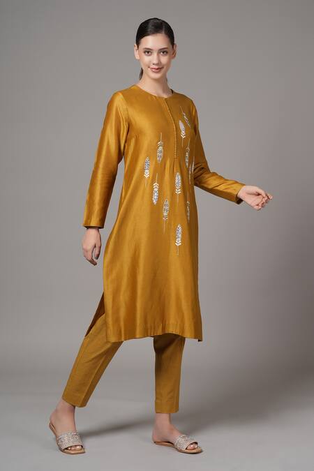Shop_Joy Mitra_Yellow Chanderi Embroidered Thread Round Kurta And Pant Set _Online_at_Aza_Fashions