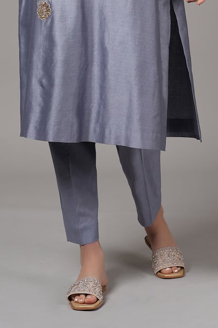 Joy Mitra Grey Chanderi Embroidered Thread Round Placement Kurta And Pant Set Online at Aza Fashions Joy Mitra_Grey Chanderi Embroidered Thread Round Placement Kurta And Pant Set _Online_at_Aza_Fashions