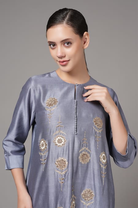 Shop_Joy Mitra_Grey Chanderi Embroidered Thread Round Placement Kurta And Pant Set _Online_at_Aza_Fashions