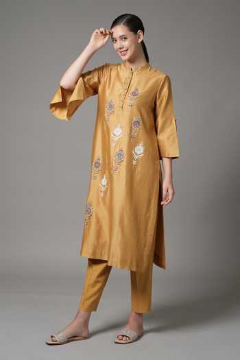 Shop_Joy Mitra_Yellow Chanderi Embroidered Thread Mandarin Floral Placement Kurta And Pant Set _Online_at_Aza_Fashions