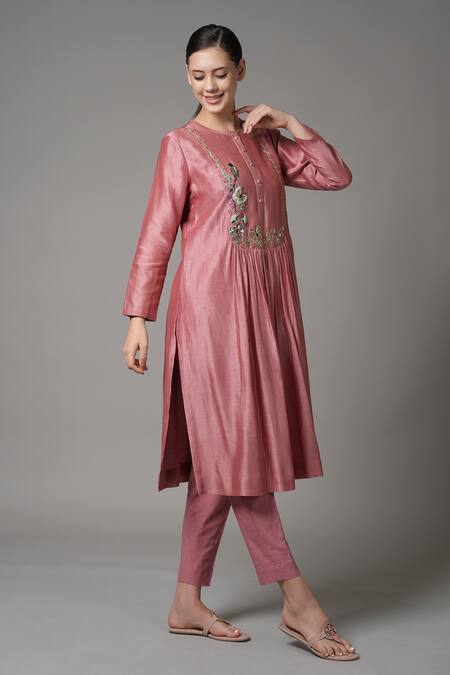 Buy_Joy Mitra_Pink Chanderi Embroidered Thread Round Kurta And Pant Set _Online_at_Aza_Fashions