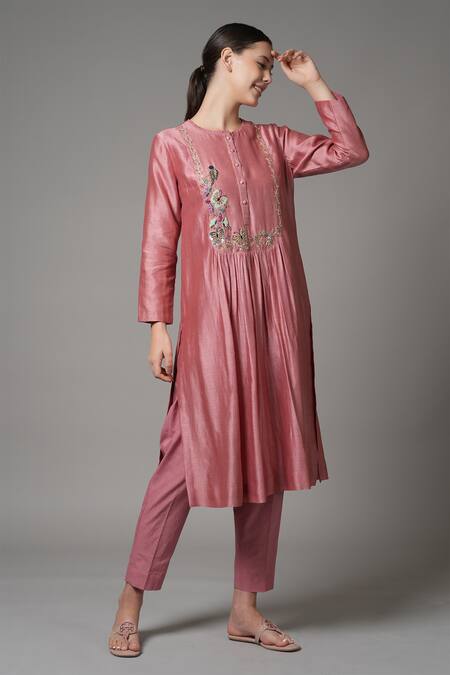 Shop_Joy Mitra_Pink Chanderi Embroidered Thread Round Kurta And Pant Set _Online_at_Aza_Fashions