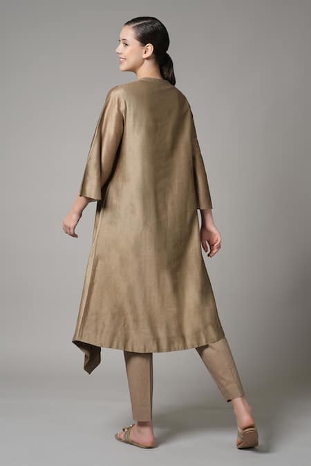 Shop Joy Mitra Brown Chanderi Embroidered Thread Mandarin Collar Asymmetric Kurta And Pant Set at Aza Fashions Shop_Joy Mitra_Brown Chanderi Embroidered Thread Mandarin Collar Asymmetric Kurta And Pant Set _at_Aza_Fashions