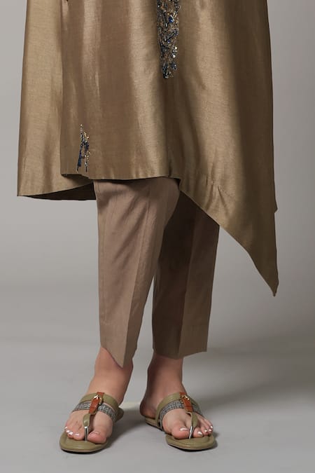 Joy Mitra Brown Chanderi Embroidered Thread Mandarin Collar Asymmetric Kurta And Pant Set Online at Aza Fashions Joy Mitra_Brown Chanderi Embroidered Thread Mandarin Collar Asymmetric Kurta And Pant Set _Online_at_Aza_Fashions