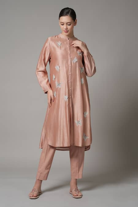 Joy Mitra Peach Chanderi Embroidered Butterfly Motif Mandarin Collar Kurta And Pant Set 