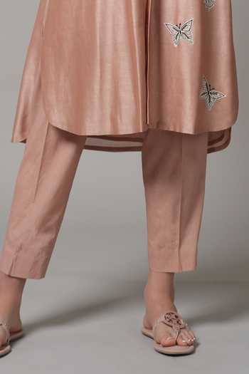 Joy Mitra Peach Chanderi Embroidered Butterfly Motif Mandarin Collar Kurta And Pant Set Online at Aza Fashions Joy Mitra_Peach Chanderi Embroidered Butterfly Motif Mandarin Collar Kurta And Pant Set _Online_at_Aza_Fashions