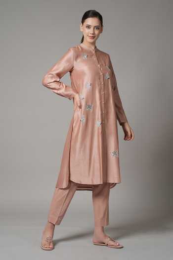 Buy Joy Mitra Peach Chanderi Embroidered Butterfly Motif Mandarin Collar Kurta And Pant Set Online at Aza Fashions Buy_Joy Mitra_Peach Chanderi Embroidered Butterfly Motif Mandarin Collar Kurta And Pant Set _Online_at_Aza_Fashions