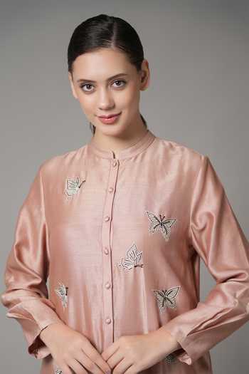 Shop_Joy Mitra_Peach Chanderi Embroidered Butterfly Motif Mandarin Collar Kurta And Pant Set _Online_at_Aza_Fashions