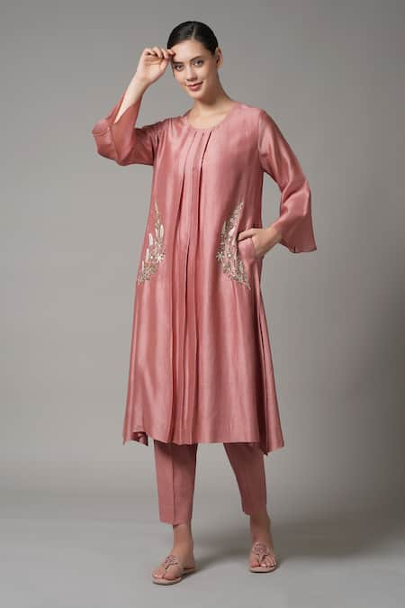 Joy Mitra Pleated Embroidered Kurta & Pant Set 