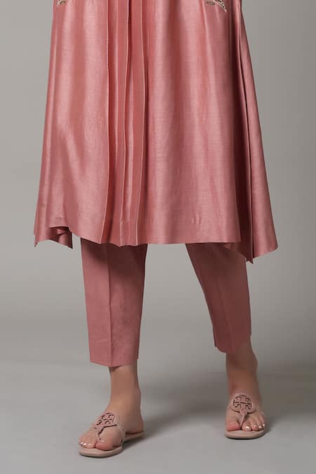 Joy Mitra Coral Chanderi Embroidery Round Neck Pleated Kurta And Pant Set Online at Aza Fashions Joy Mitra_Coral Chanderi Embroidery Round Neck Pleated Kurta And Pant Set _Online_at_Aza_Fashions