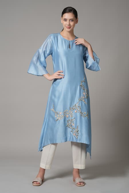 Joy Mitra Blue Chanderi Embroidered Thread Round Floral Kurta And Pant Set 