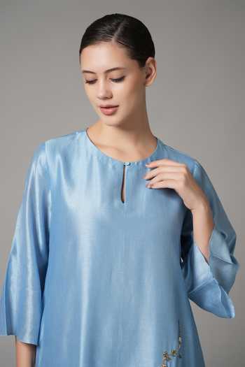 Shop_Joy Mitra_Blue Chanderi Embroidery Round Neck Floral Kurta And Pant Set _Online_at_Aza_Fashions