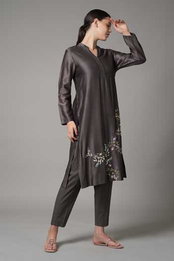 Joy Mitra_Black Chanderi Embroidery Collared, V-neck Floral Vine Kurta And Pant Set _Online_at_Aza_Fashions