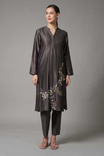 Buy_Joy Mitra_Black Chanderi Embroidery Collared, V-neck Floral Vine Kurta And Pant Set _Online_at_Aza_Fashions