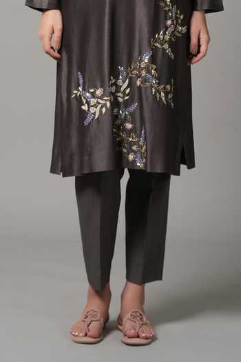 Shop_Joy Mitra_Black Chanderi Embroidery Collared, V-neck Floral Vine Kurta And Pant Set _Online_at_Aza_Fashions