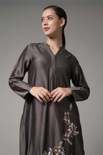 Joy Mitra_Black Chanderi Embroidery Collared, V-neck Floral Vine Kurta And Pant Set _at_Aza_Fashions