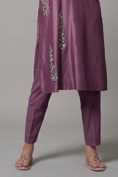 Joy Mitra Purple Chanderi Embroidery Collared, V-neck Placement Kurta And Pant Set Online at Aza Fashions Joy Mitra_Purple Chanderi Embroidery Collared, V-neck Placement Kurta And Pant Set _Online_at_Aza_Fashions
