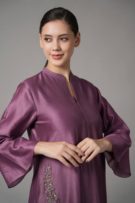 Shop_Joy Mitra_Purple Chanderi Embroidery Collared, V-neck Placement Kurta And Pant Set _Online_at_Aza_Fashions