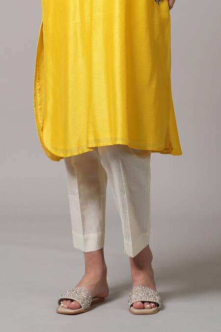 Joy Mitra Yellow Chanderi Sequins, Embroidery Round Neck Floral Vine Kurta And Pant Set Online at Aza Fashions Joy Mitra_Yellow Chanderi Sequins, Embroidery Round Neck Floral Vine Kurta And Pant Set _Online_at_Aza_Fashions