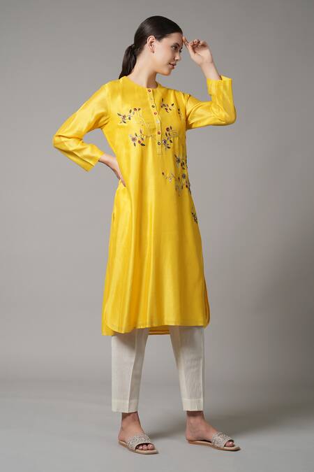 Buy_Joy Mitra_Yellow Chanderi Sequins, Embroidery Round Neck Floral Vine Kurta And Pant Set _Online_at_Aza_Fashions