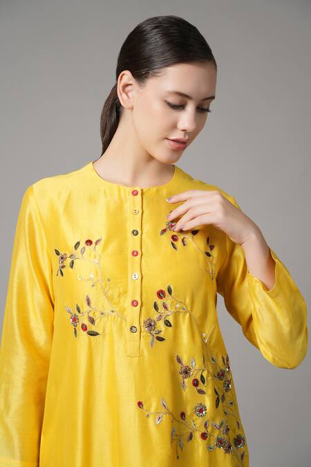 Shop_Joy Mitra_Yellow Chanderi Sequins, Embroidery Round Neck Floral Vine Kurta And Pant Set _Online_at_Aza_Fashions