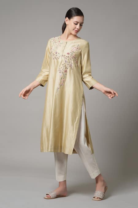 Joy Mitra Yellow Chanderi Embroidered Thread Round Floral Vine Kurta And Pant Set 