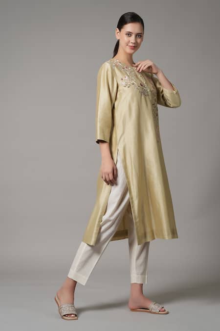 Joy Mitra_Yellow Chanderi Sequins Round Neck Floral Vine Embroidered Kurta And Pant Set _Online_at_Aza_Fashions