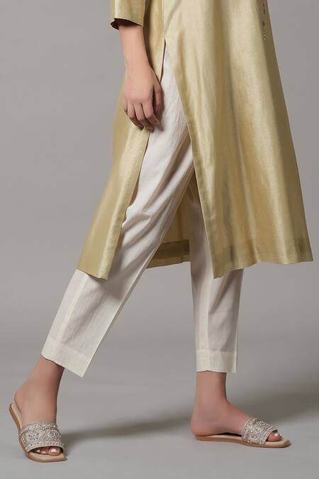 Buy_Joy Mitra_Yellow Chanderi Sequins Round Neck Floral Vine Embroidered Kurta And Pant Set _Online_at_Aza_Fashions