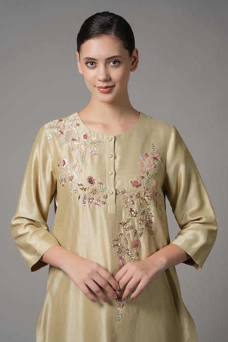 Shop_Joy Mitra_Yellow Chanderi Sequins Round Neck Floral Vine Embroidered Kurta And Pant Set _Online_at_Aza_Fashions