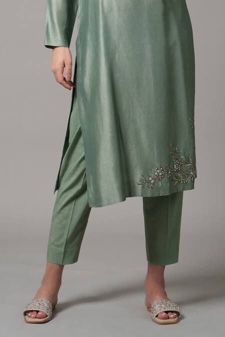Joy Mitra_Green Chanderi Cut Work, Sequins Round Straight Embroidered Kurta And Pant Set _Online_at_Aza_Fashions