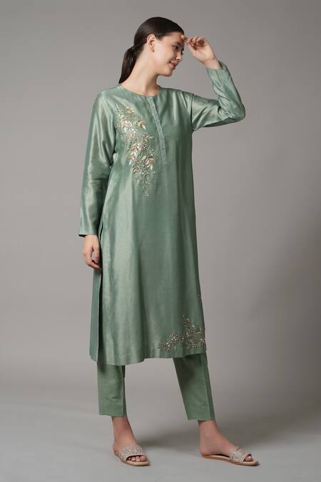 Shop_Joy Mitra_Green Chanderi Cut Work, Sequins Round Straight Embroidered Kurta And Pant Set _Online_at_Aza_Fashions
