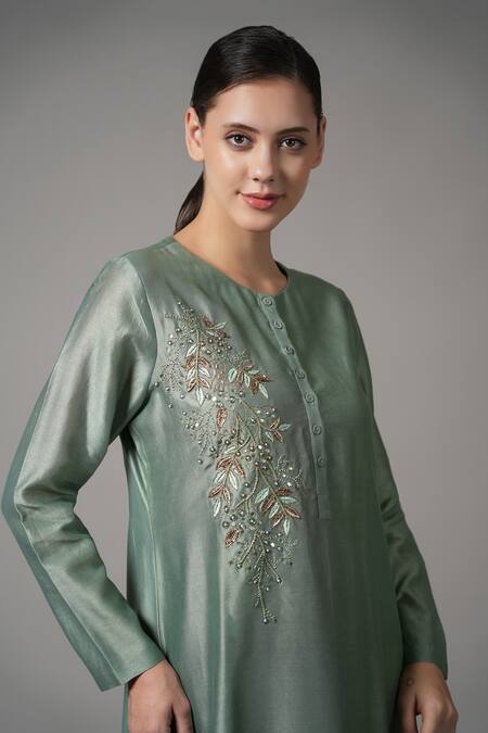 Joy Mitra_Green Chanderi Cut Work, Sequins Round Straight Embroidered Kurta And Pant Set _at_Aza_Fashions