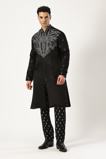 Paresh Lamba Signatures_Black Linen, Satin Embroidery Kurta And Trouser Set _Online_at_Aza_Fashions