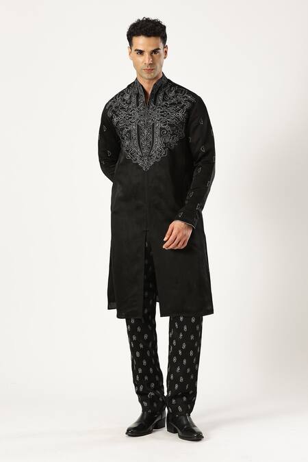 Buy_Paresh Lamba Signatures_Black Linen, Satin Embroidery Kurta And Trouser Set _Online_at_Aza_Fashions