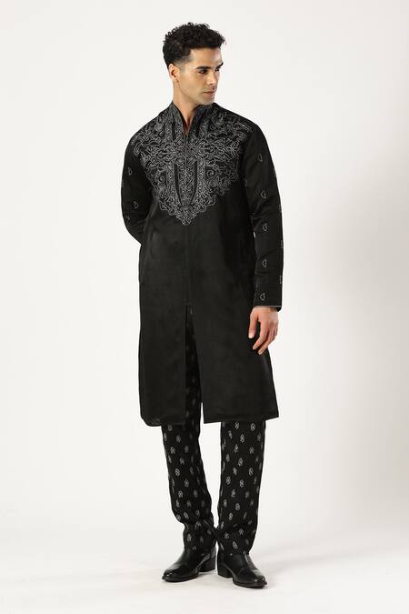 Shop_Paresh Lamba Signatures_Black Linen, Satin Embroidery Kurta And Trouser Set _Online_at_Aza_Fashions