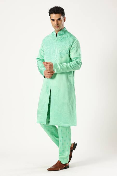 Paresh Lamba Signatures_Green Linen Satin Embroidered Thread Kurta And Trouser Set _Online_at_Aza_Fashions