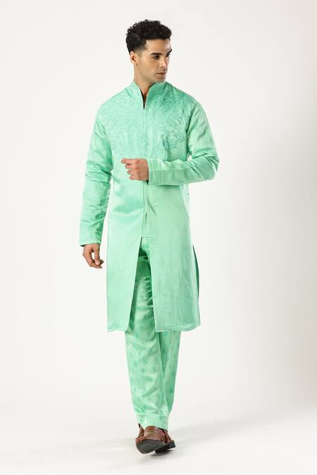 Buy_Paresh Lamba Signatures_Green Linen Satin Embroidered Thread Kurta And Trouser Set _Online_at_Aza_Fashions