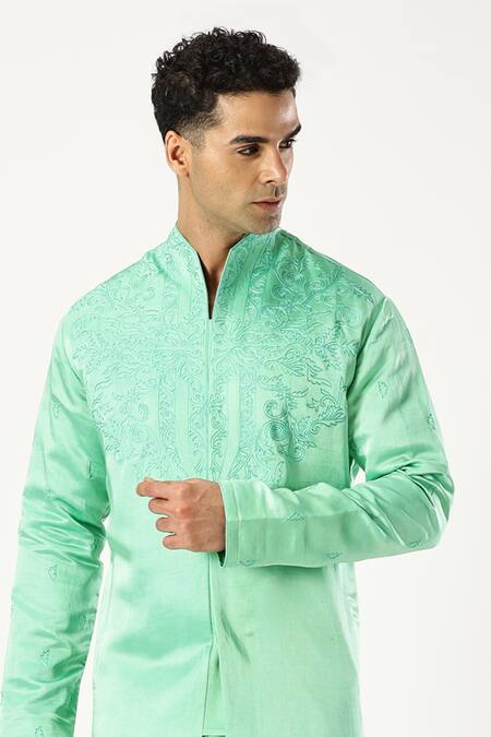 Shop_Paresh Lamba Signatures_Green Linen Satin Embroidered Thread Kurta And Trouser Set _Online_at_Aza_Fashions