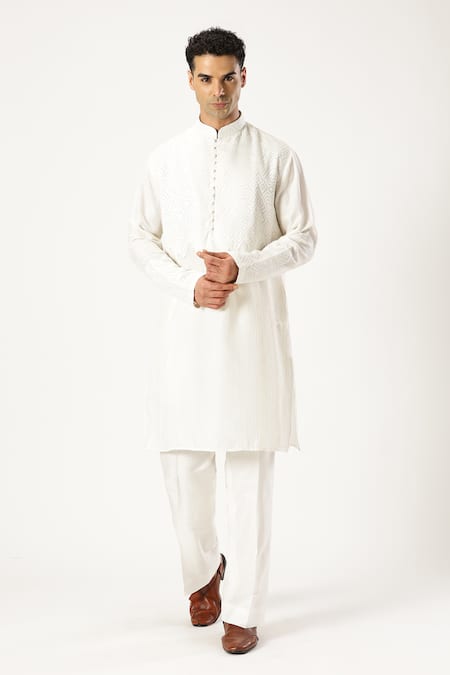Paresh Lamba Signatures_White Chanderi Silk Embroidered Stitch Kurta _Online_at_Aza_Fashions