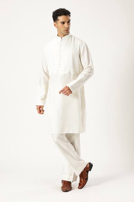 Shop_Paresh Lamba Signatures_White Chanderi Silk Embroidered Stitch Kurta _Online_at_Aza_Fashions