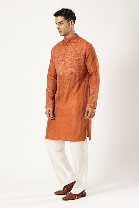 Paresh Lamba Signatures_Brown Chanderi Silk Embroidered Stitch Kurta _Online_at_Aza_Fashions