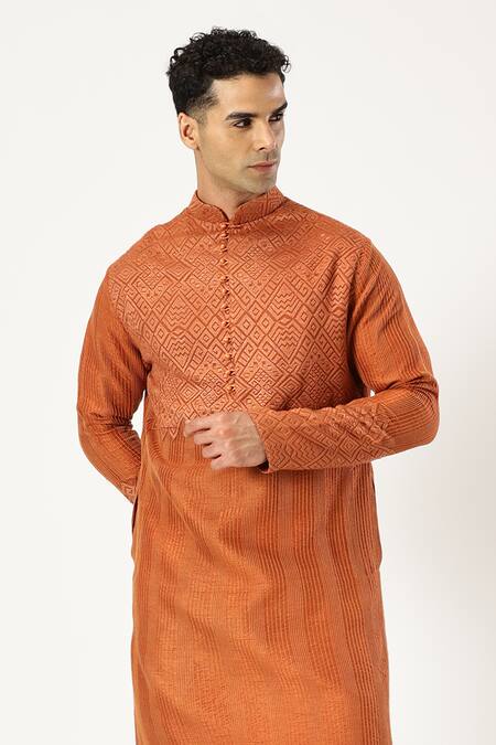 Shop_Paresh Lamba Signatures_Brown Chanderi Silk Embroidered Stitch Kurta _Online_at_Aza_Fashions