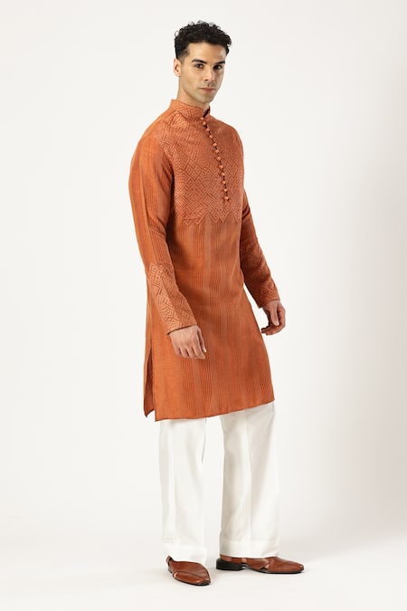 Paresh Lamba Signatures_Brown Chanderi Silk Embroidered Stitch Kurta _at_Aza_Fashions