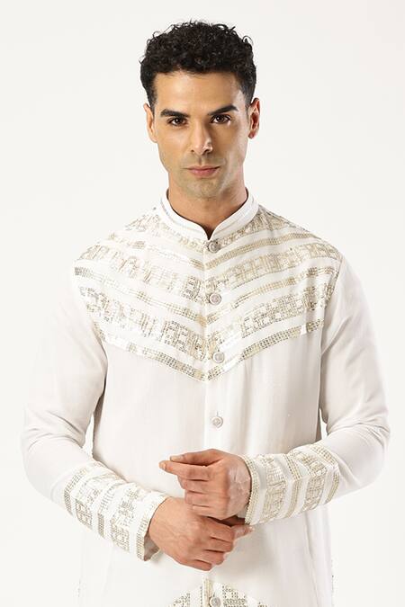 Shop_Paresh Lamba Signatures_White Georgette Sequins Embroidered Kurta Pyjama Set_Online_at_Aza_Fashions